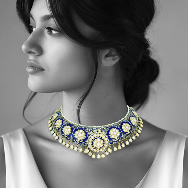 Polki Choker with Blue Enamel, Floral Motifs, and Pearls